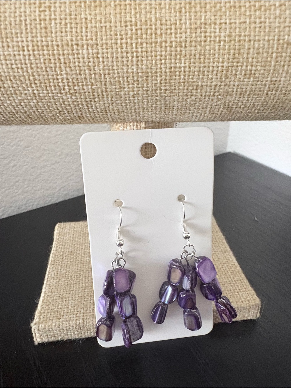 Handcrafted purple shell beads dangle earrings